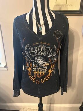 Y2K Harley-Davidson Black Long Sleeve Graphic Tee with Orange Flames small